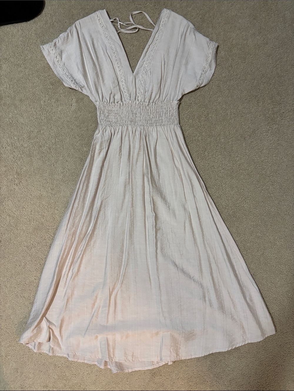 Lush Cream V-Neck Smocked Waist Maxi with Lace Trim